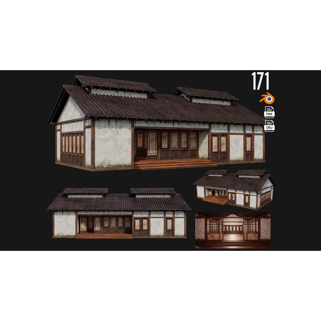 Old Japanese Buildings 3D Model – Low Poly Game Ready, FBX, OBJ - View 5