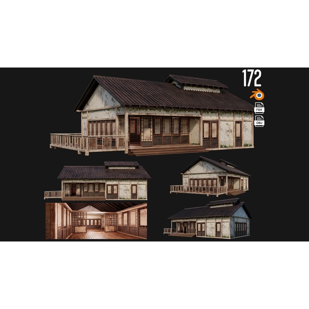 Old Japanese Buildings 3D Model – Low Poly Game Ready, FBX, OBJ - View 6