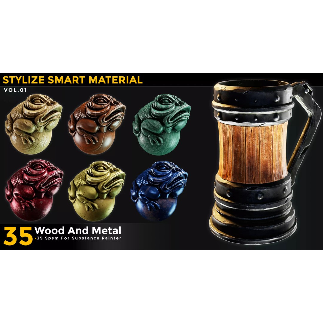 Stylized Smart Materials 3D Model – Wood & Metal Pack, PBR Textures - View 2