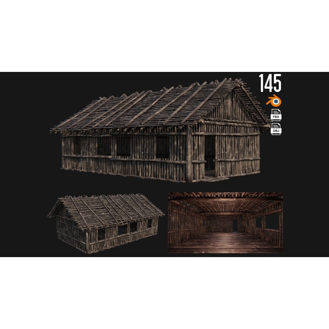 Old Wooden Houses 3D Model – Low Poly Game Ready with PBR Textures - View 3
