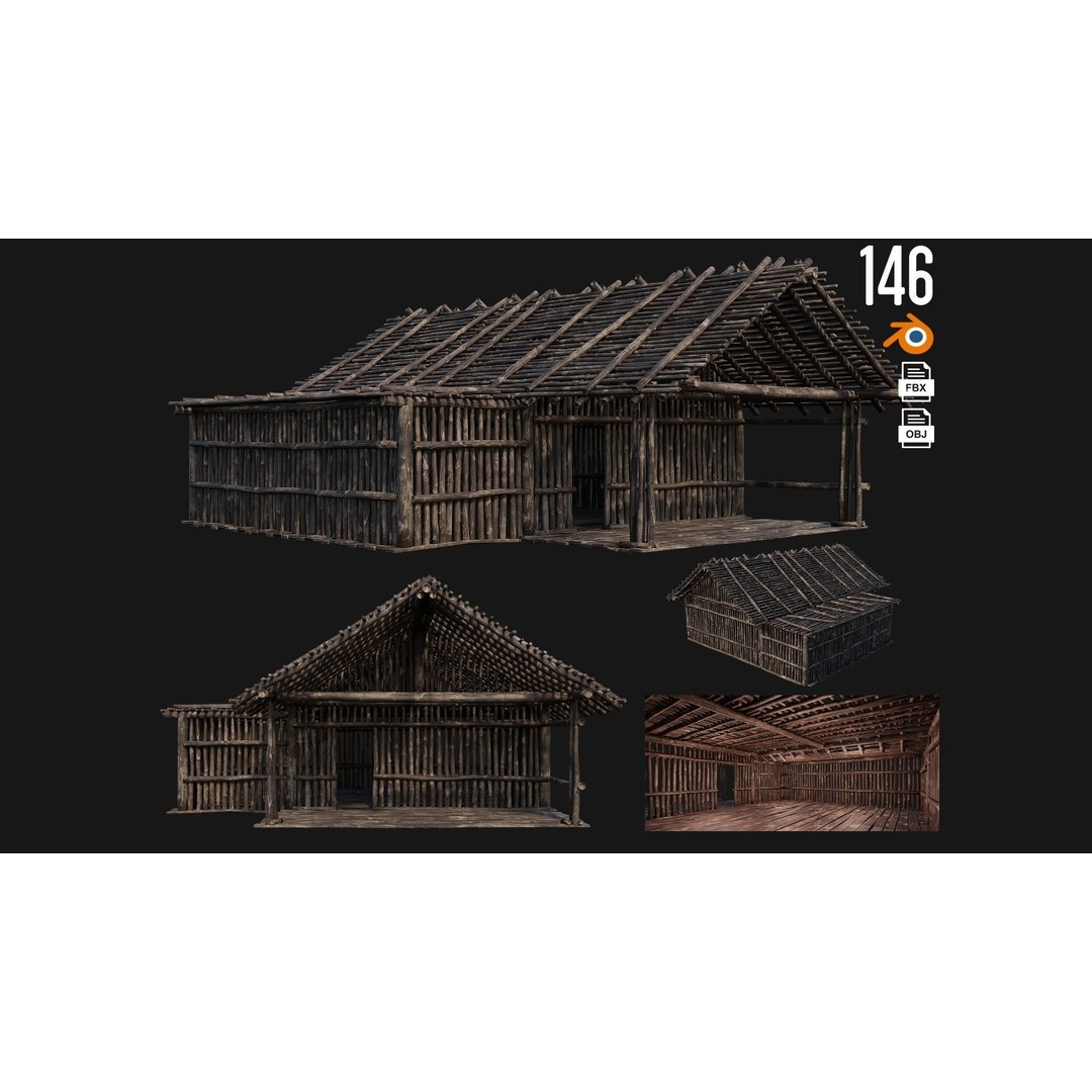 Old Wooden Houses 3D Model – Low Poly Game Ready with PBR Textures - View 4