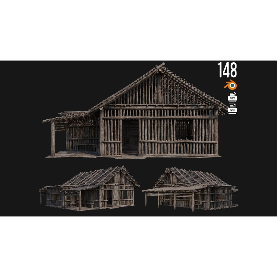 Old Wooden Houses 3D Model – Low Poly Game Ready with PBR Textures - View 6