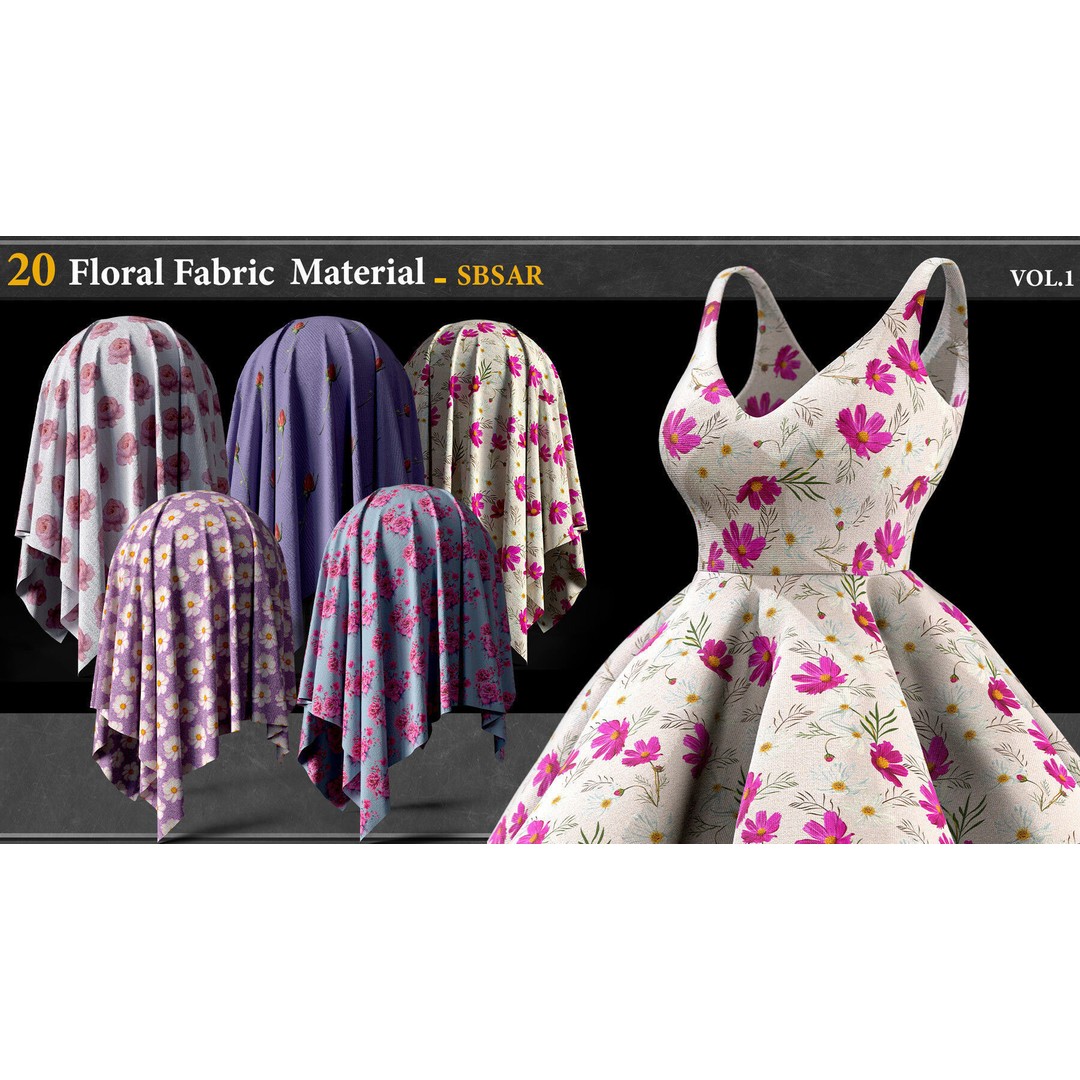 20 Floral Fabric Materials 3D Model – PBR Textures, SBSAR Format - View 3