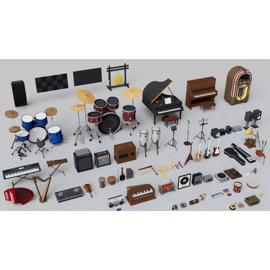 Realistic Musical Instrument Props Pack 3D Model – Low Poly Game Asset, FBX, OBJ - View 2