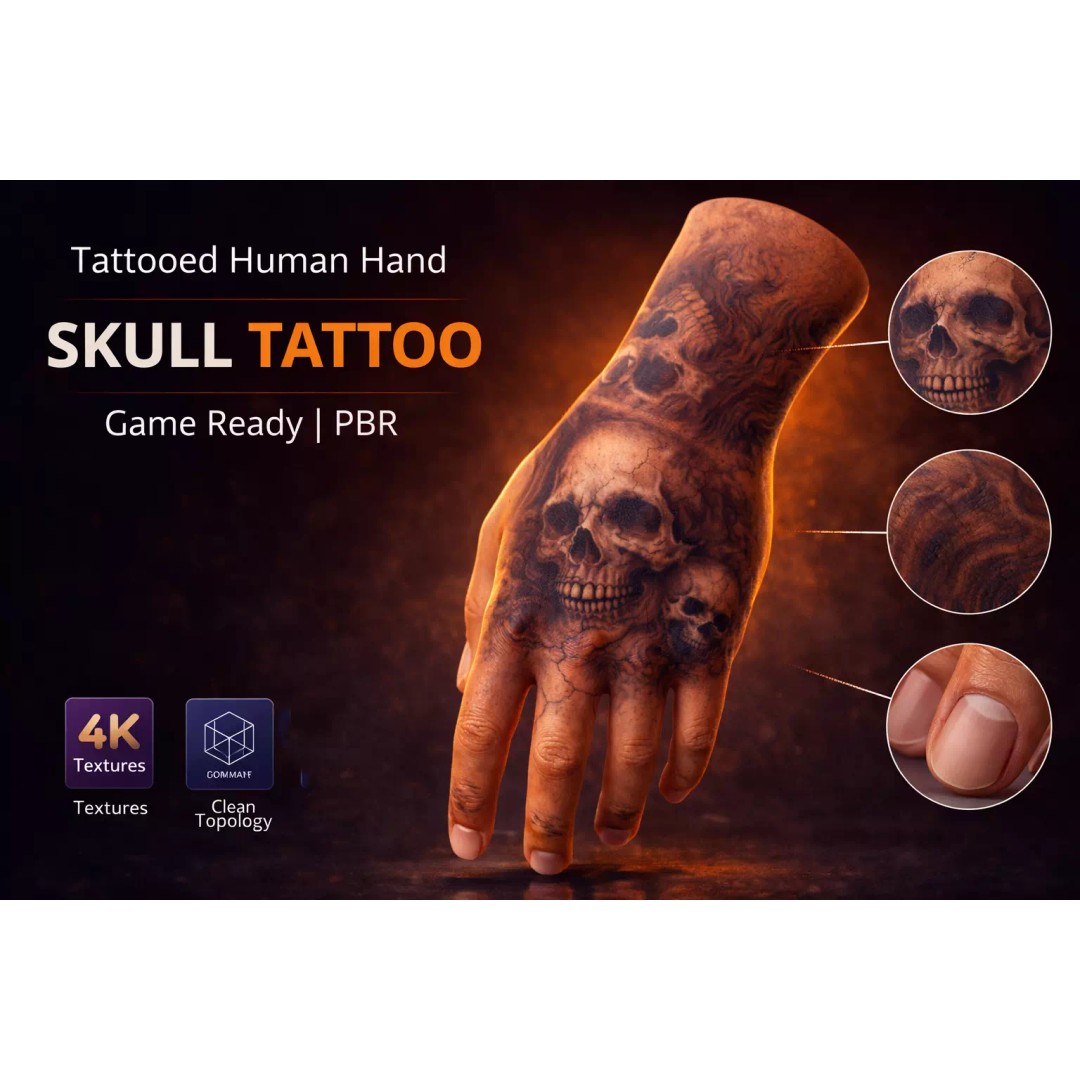 Realistic Human Hand 3D Model – Skull Tattoo Design, PBR Textures - View 2