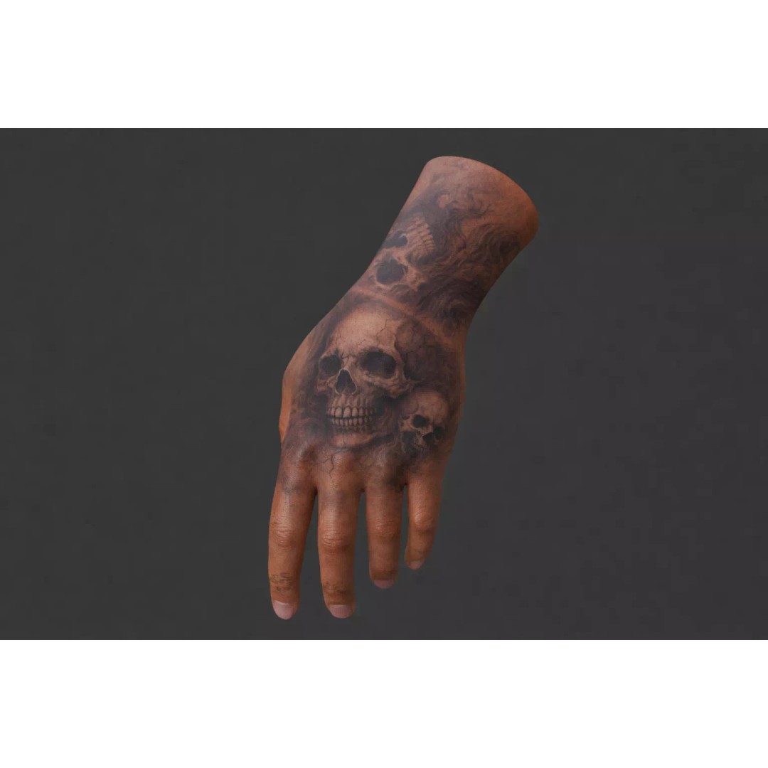 Realistic Human Hand 3D Model – Skull Tattoo Design, PBR Textures - View 3