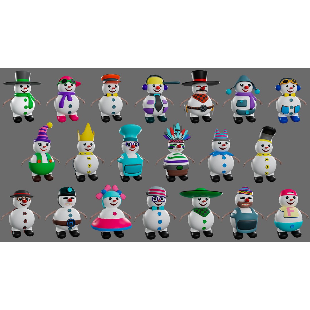 Funny Snowmen 3D Model – Low Poly Character Set, Game Ready, FBX