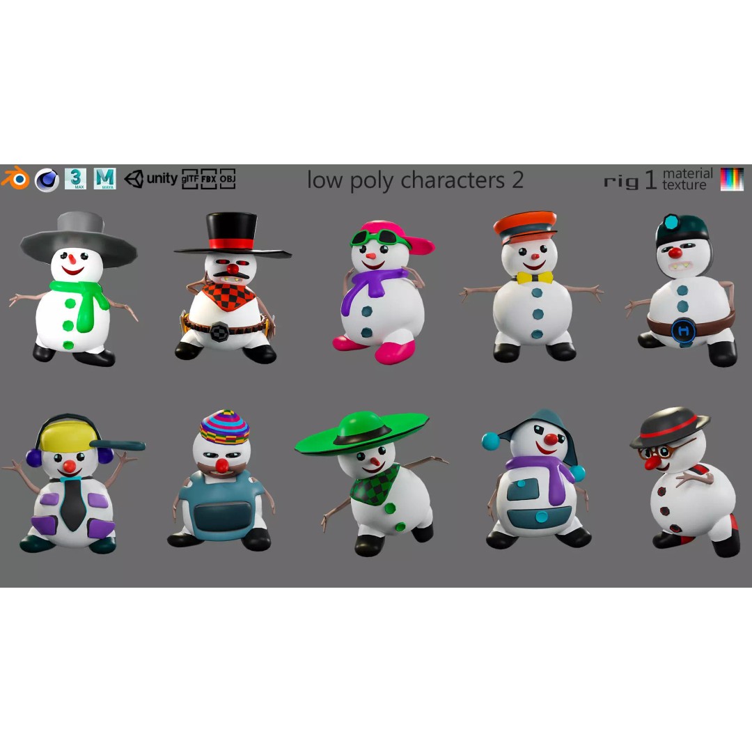 Funny Snowmen 3D Model – Low Poly Character Set, Game Ready, FBX - View 2