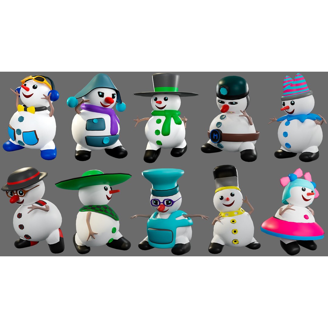 Funny Snowmen 3D Model – Low Poly Character Set, Game Ready, FBX - View 24
