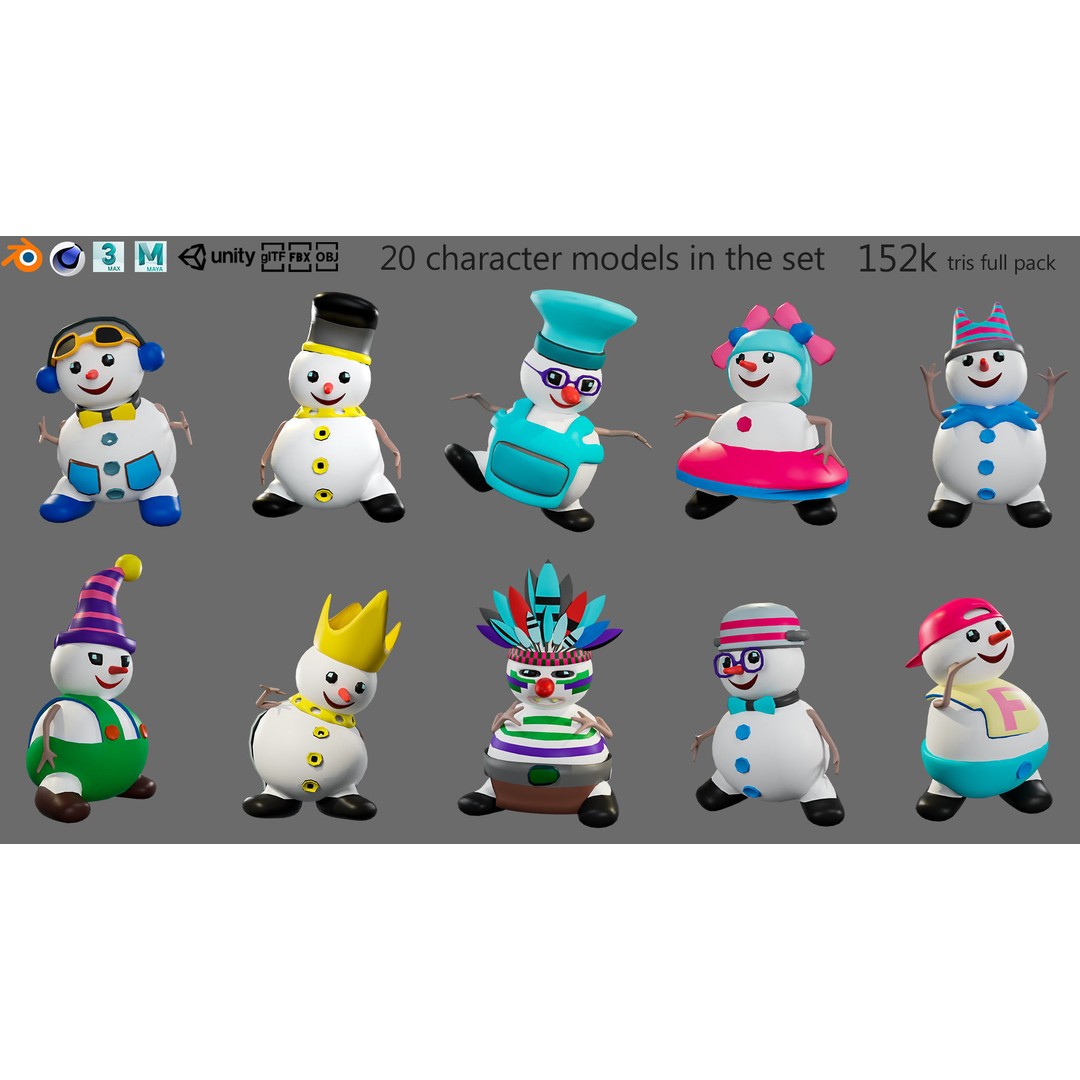 Funny Snowmen 3D Model – Low Poly Character Set, Game Ready, FBX - View 3