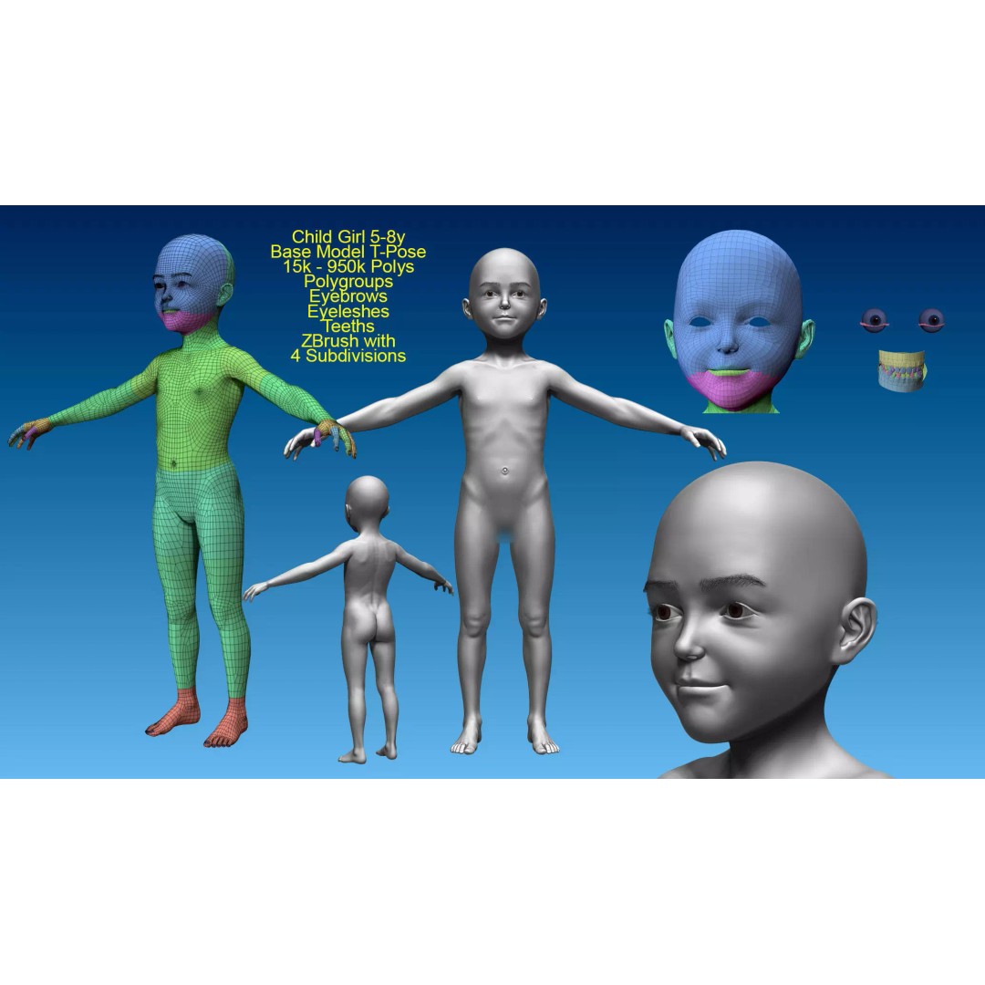 Child Girl 3D Model – Low Poly Base Model T-Pose, FBX, OBJ - View 2