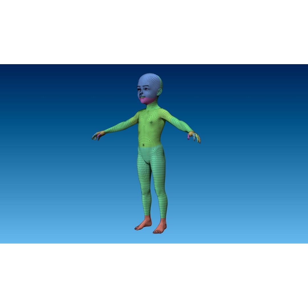 Child Girl 3D Model – Low Poly Base Model T-Pose, FBX, OBJ - View 9