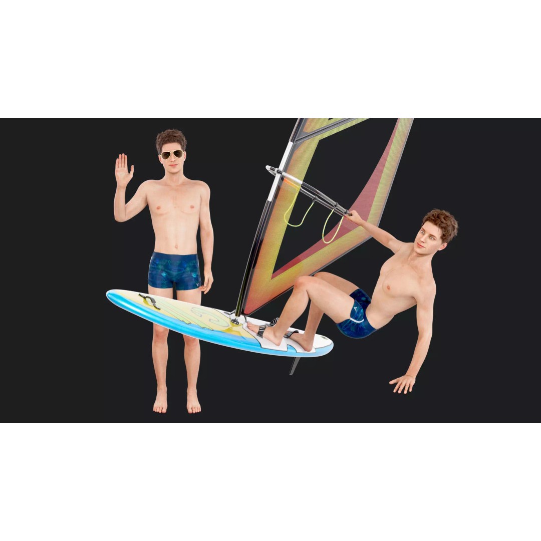 Male Windsurf 3D Model – Low Poly Rigged Character, FBX, OBJ - View 2