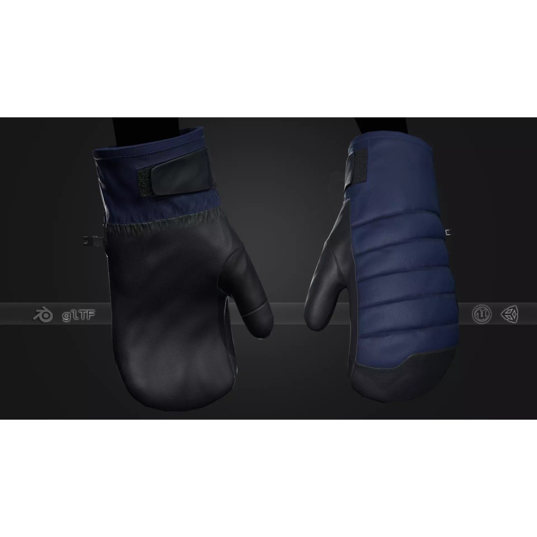 Blue And Black Snowboard Gloves 3D Model – Low Poly PBR Game Asset, FBX - View 2
