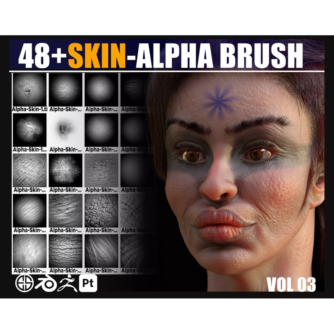 Face Skin Brush 3D Model – Realistic Alpha Brushes for Blender & Zbrush - View 2