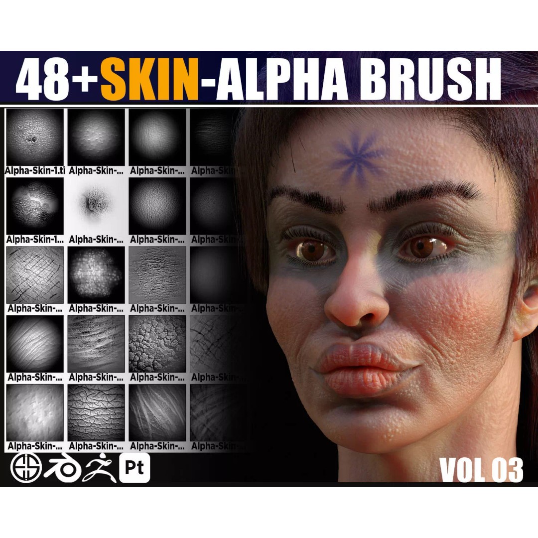 Face Skin Brush 3D Model – Realistic Alpha Brushes for Blender & Zbrush - View 7