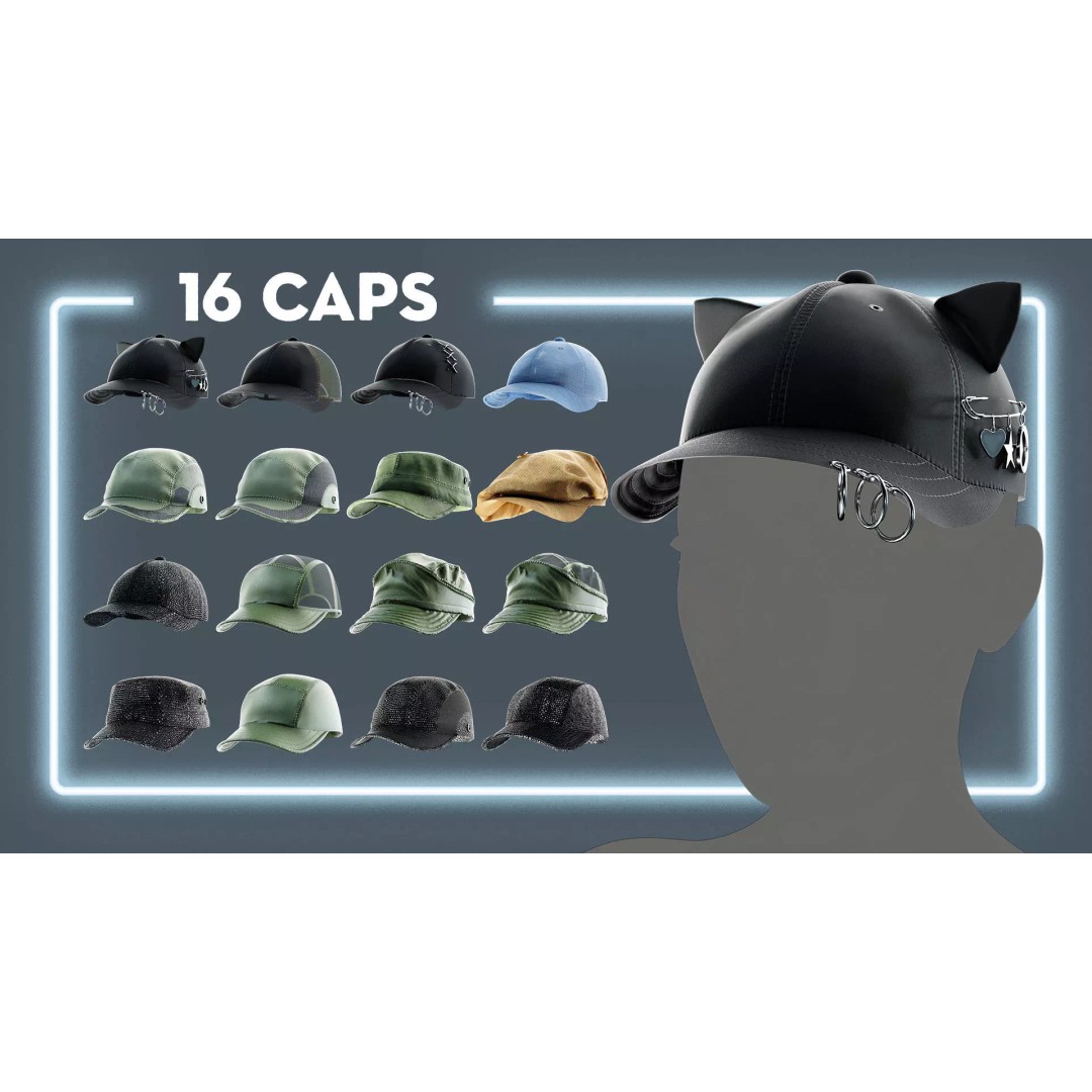 Caps and Hats 3D Model – Low Poly Game-Ready Clothing, FBX, OBJ - View 2