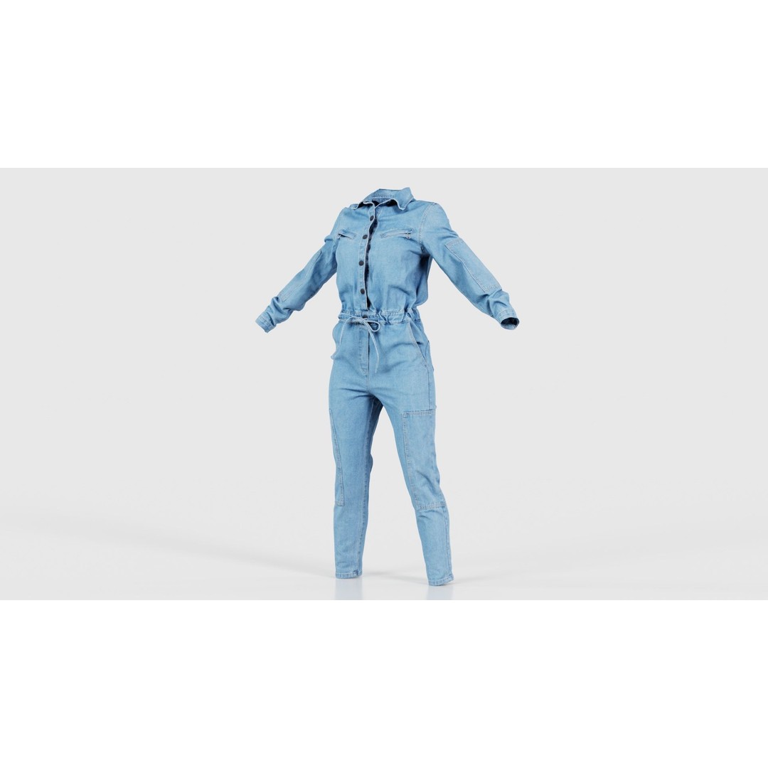 Chest Zippers Jeans Salopet 3D Model – Low Poly Denim Jumpsuit, FBX, Blender