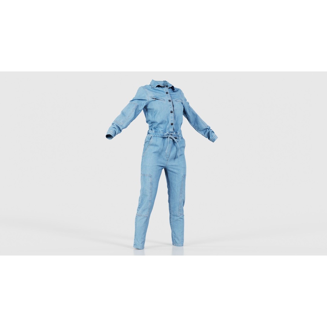 Chest Zippers Jeans Salopet 3D Model – Low Poly Denim Jumpsuit, FBX, Blender - View 18