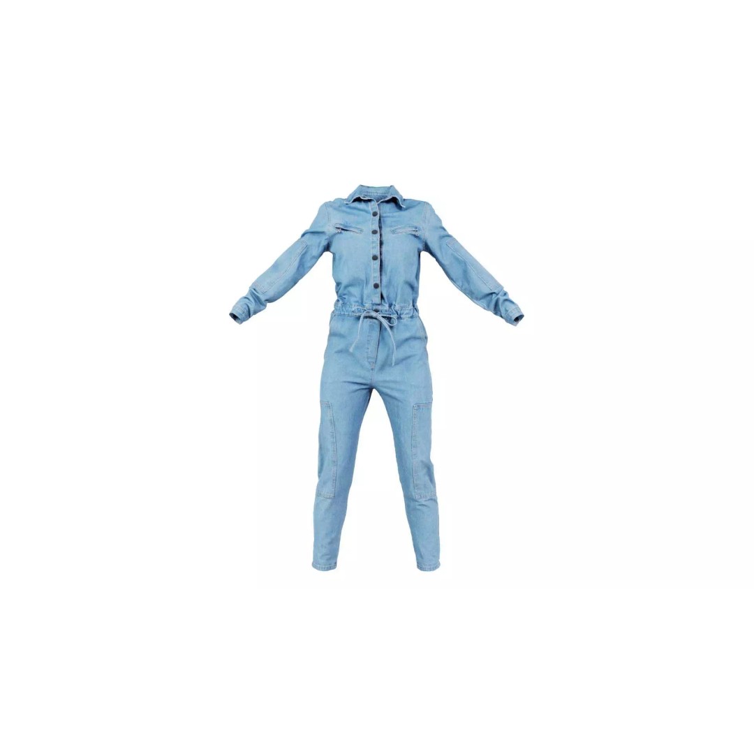 Chest Zippers Jeans Salopet 3D Model – Low Poly Denim Jumpsuit, FBX, Blender - View 2