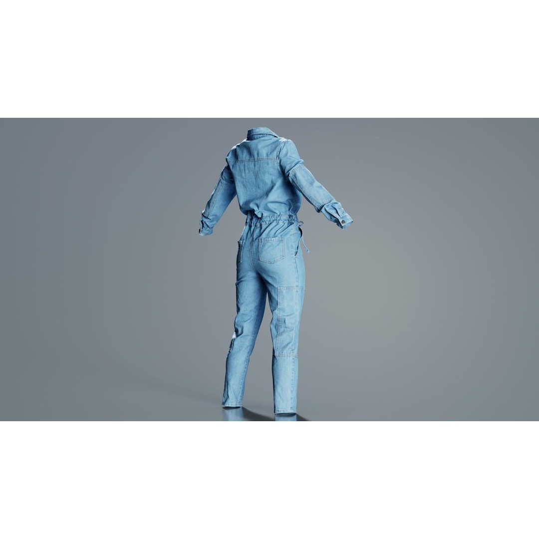Chest Zippers Jeans Salopet 3D Model – Low Poly Denim Jumpsuit, FBX, Blender - View 3