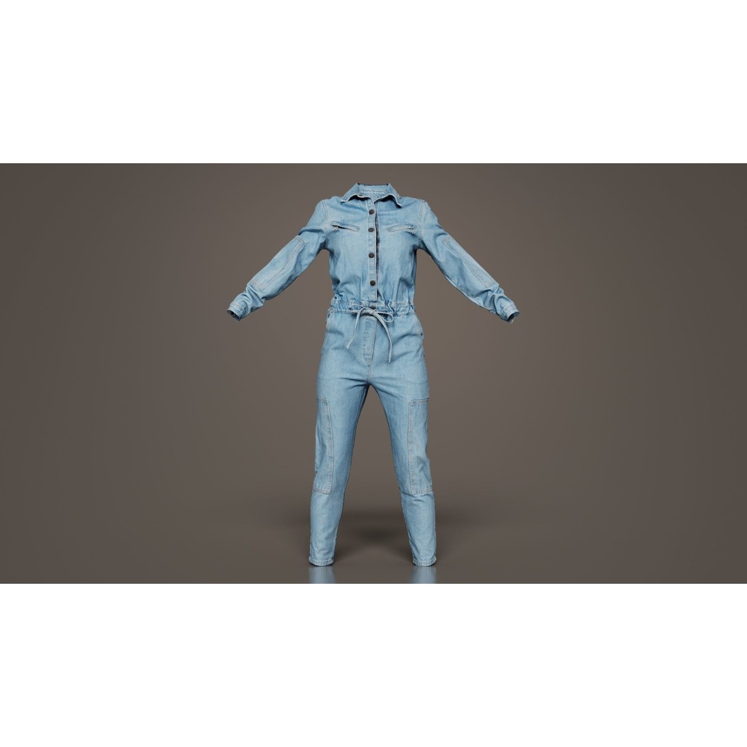 Chest Zippers Jeans Salopet 3D Model – Low Poly Denim Jumpsuit, FBX, Blender - View 4