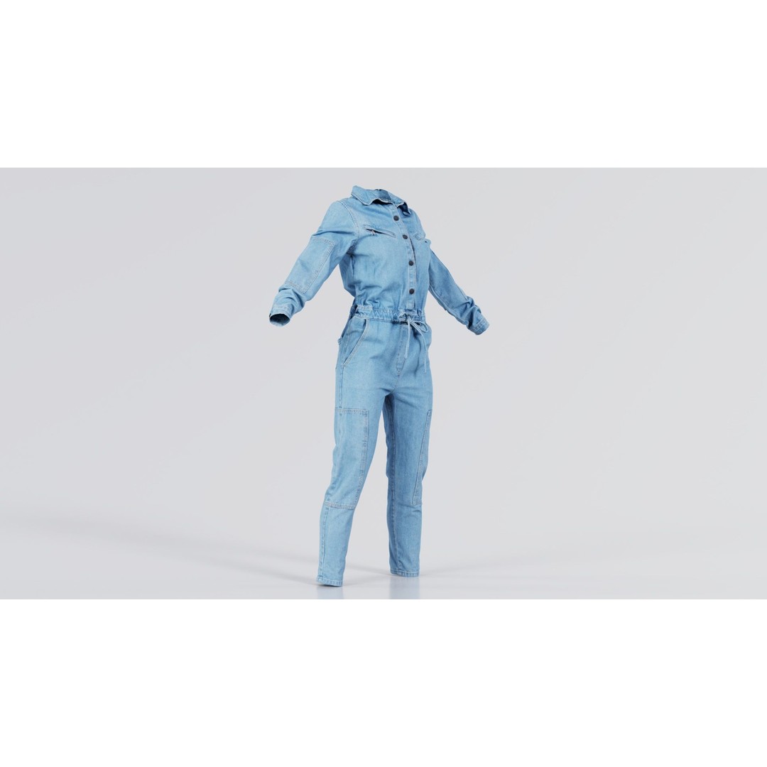 Chest Zippers Jeans Salopet 3D Model – Low Poly Denim Jumpsuit, FBX, Blender - View 5