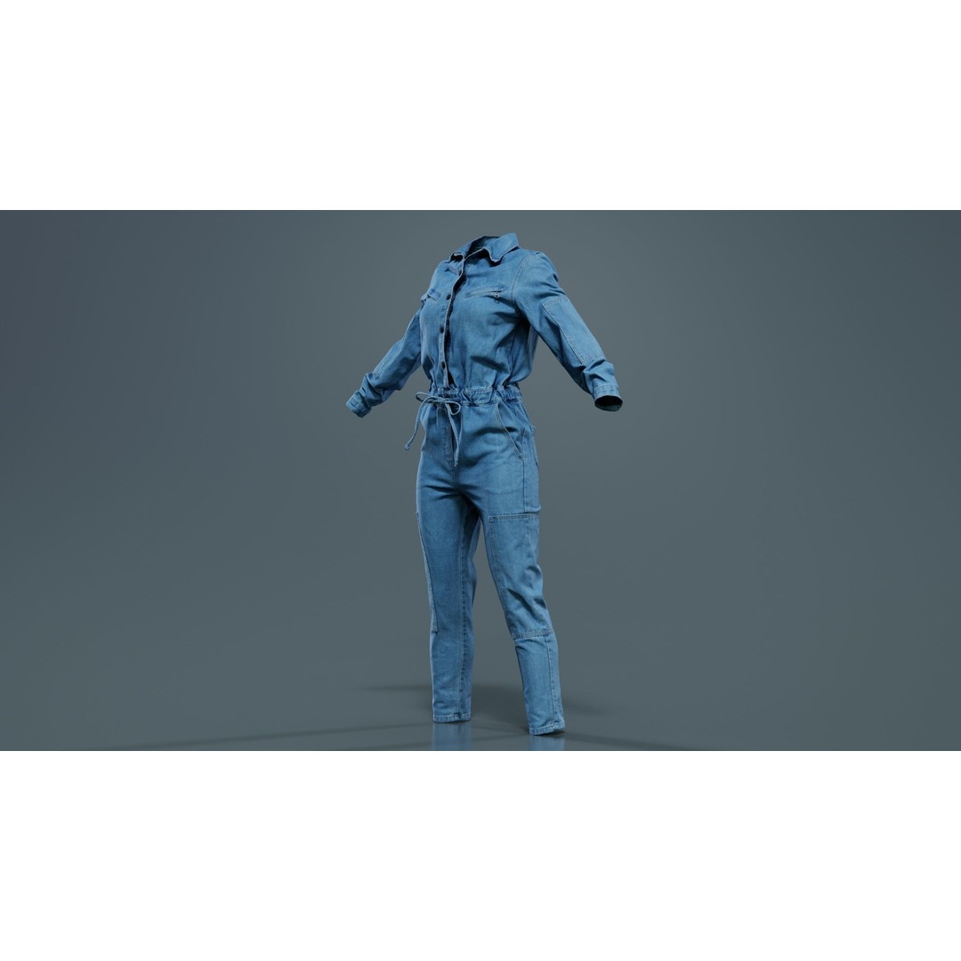 Chest Zippers Jeans Salopet 3D Model – Low Poly Denim Jumpsuit, FBX, Blender - View 6