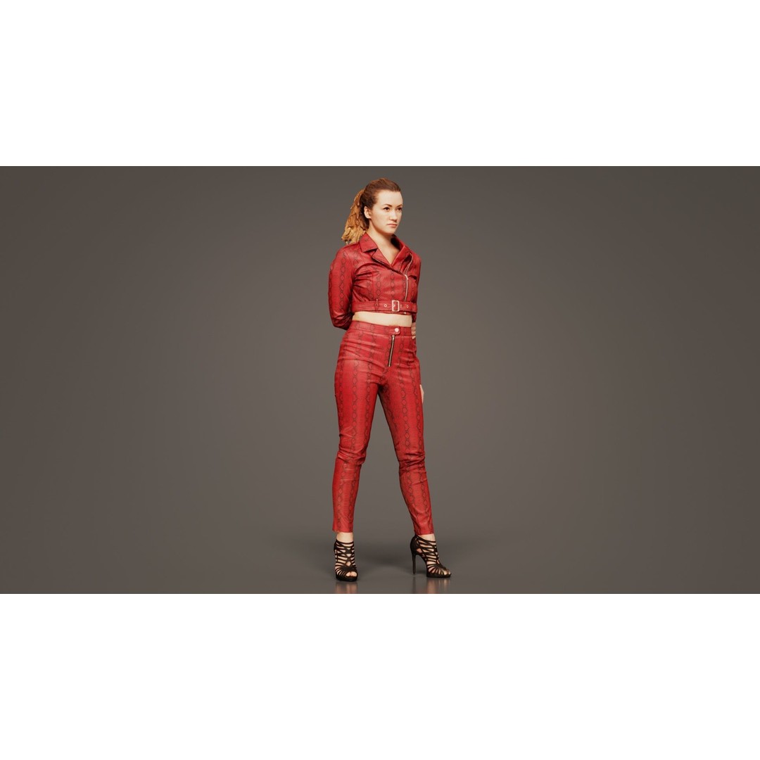 Woman in Heels 3D Model – Low Poly Character in Red Leather Costume - View 3