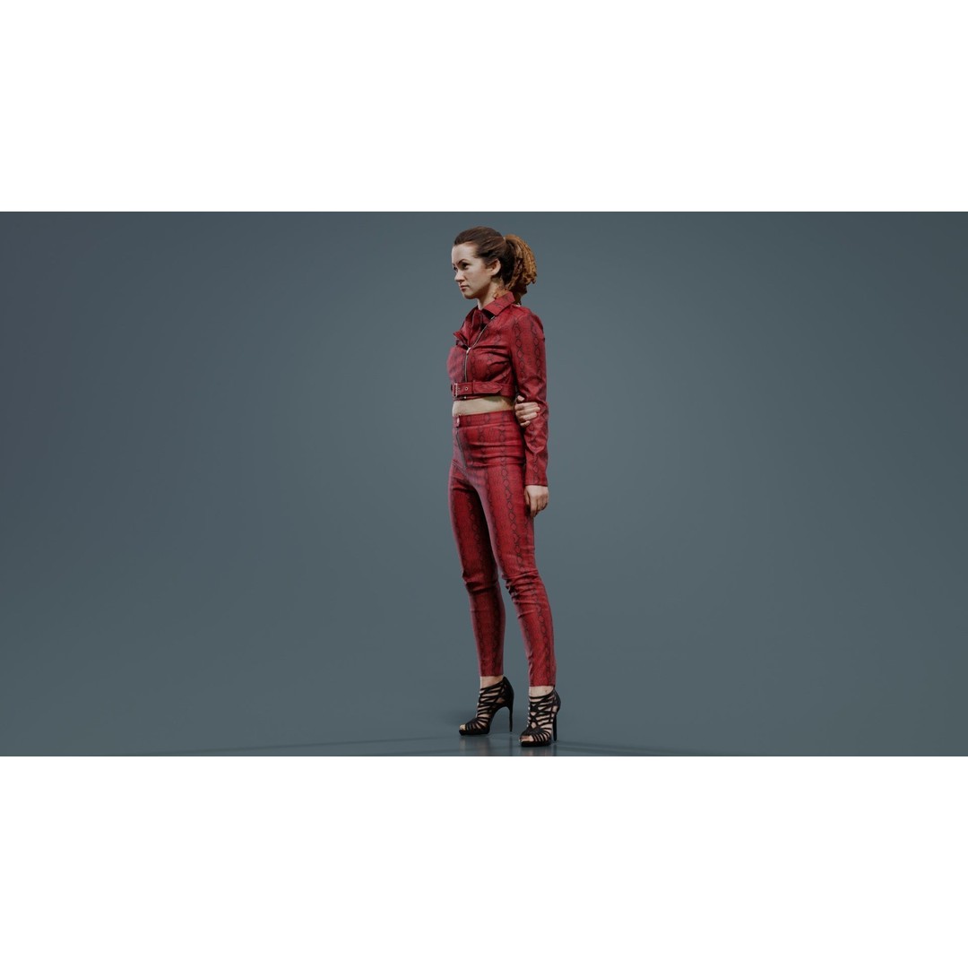Woman in Heels 3D Model – Low Poly Character in Red Leather Costume - View 4