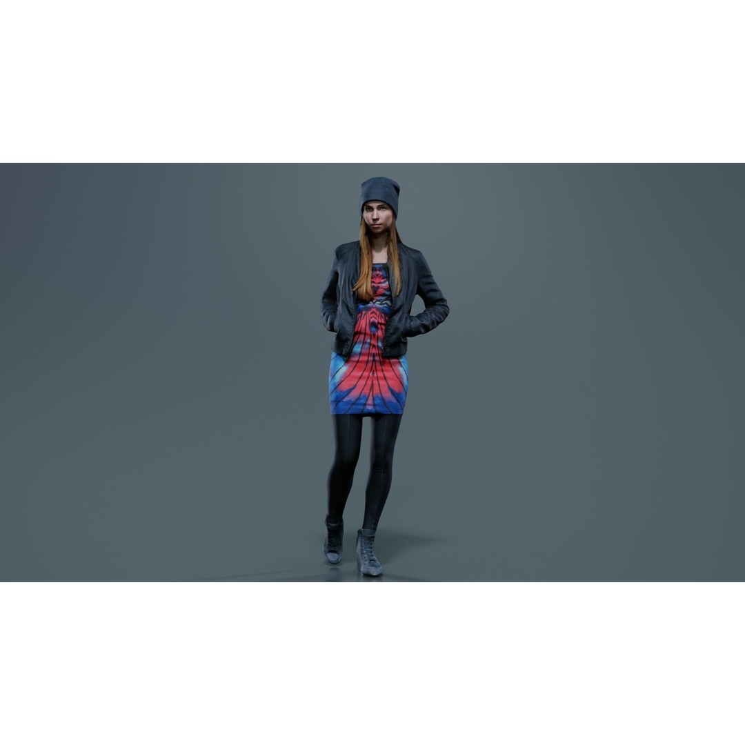 Woman 3D Model – Low Poly Character in Bright Dress and Hat - View 3