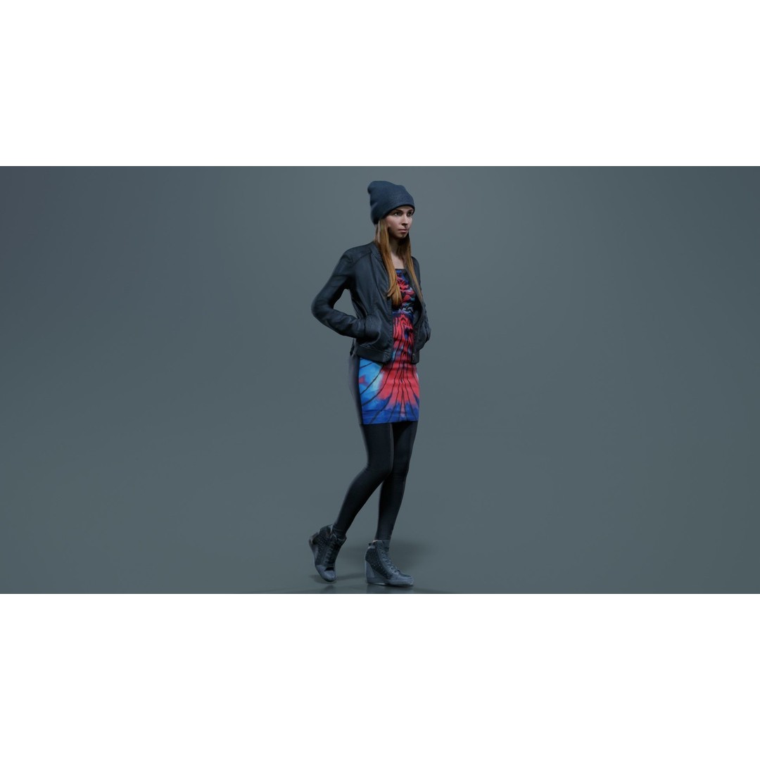 Woman 3D Model – Low Poly Character in Bright Dress and Hat - View 6