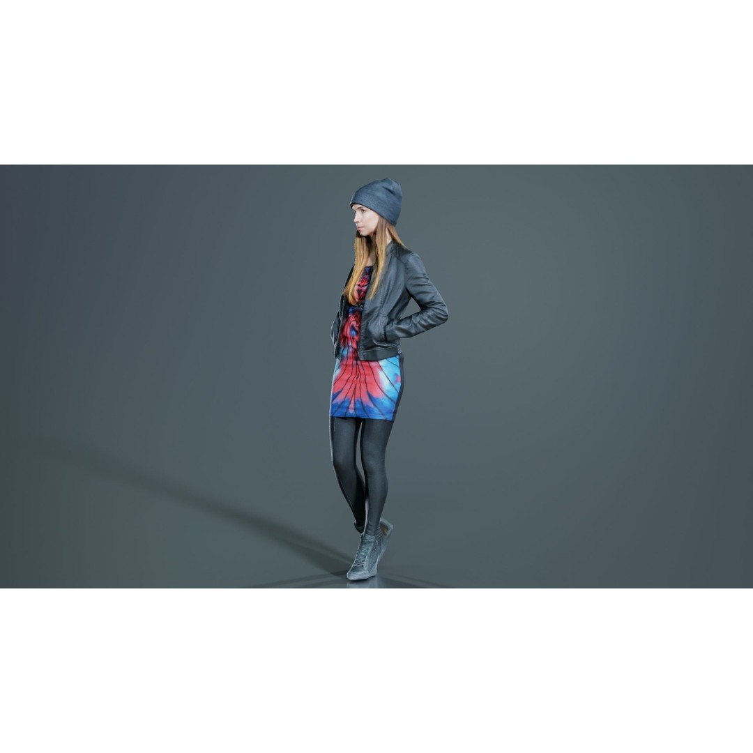 Woman 3D Model – Low Poly Character in Bright Dress and Hat - View 7