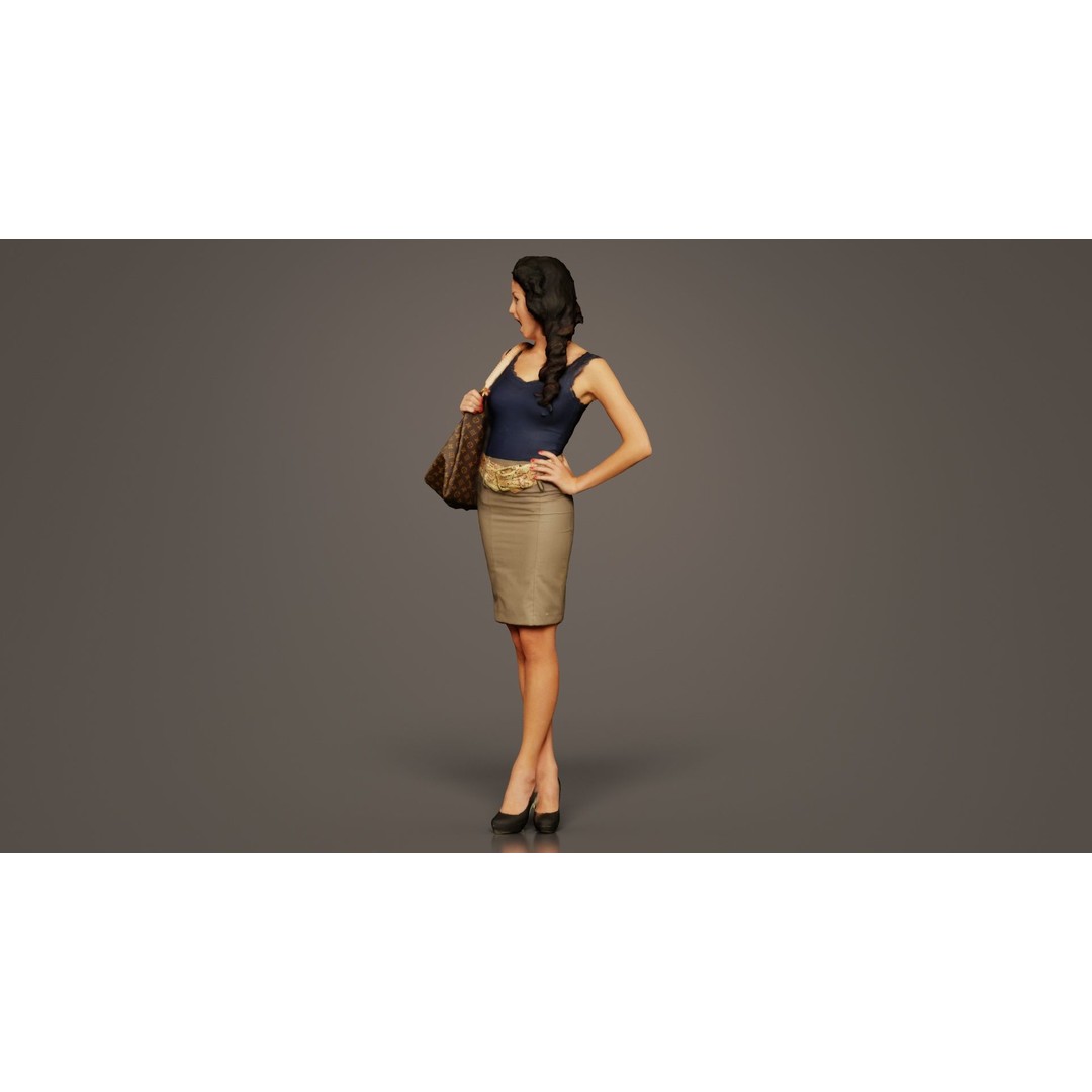 Woman in Skirt 3D Model – Low Poly Character with Bag, FBX - View 3