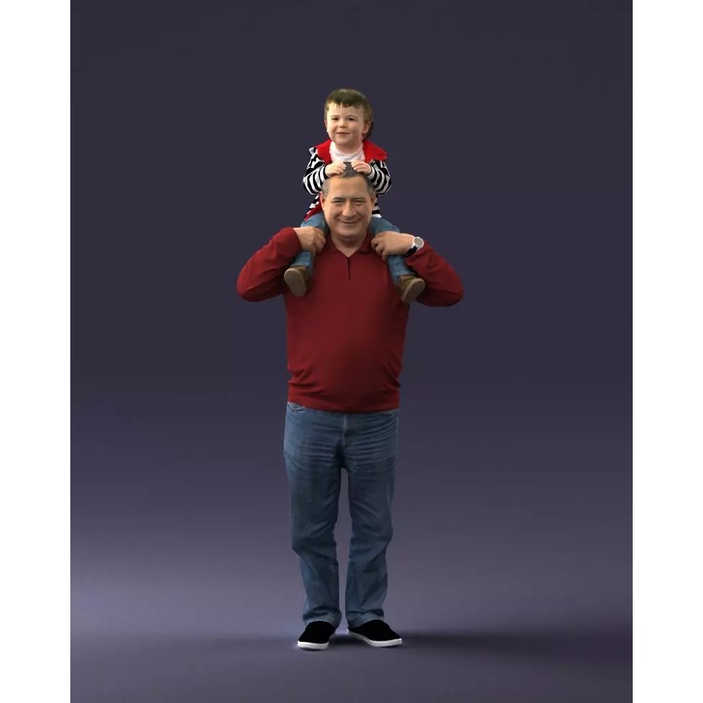 Grandfather with Grandson on Shoulders 3D Model – Realistic Human Character, FBX, OBJ - View 2