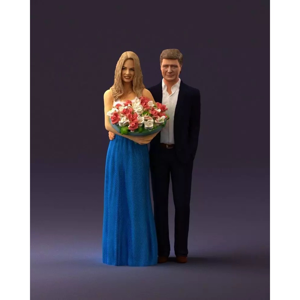 Man and Woman 3D Model – Evening Dresses with Bouquet Flowers, FBX - View 2