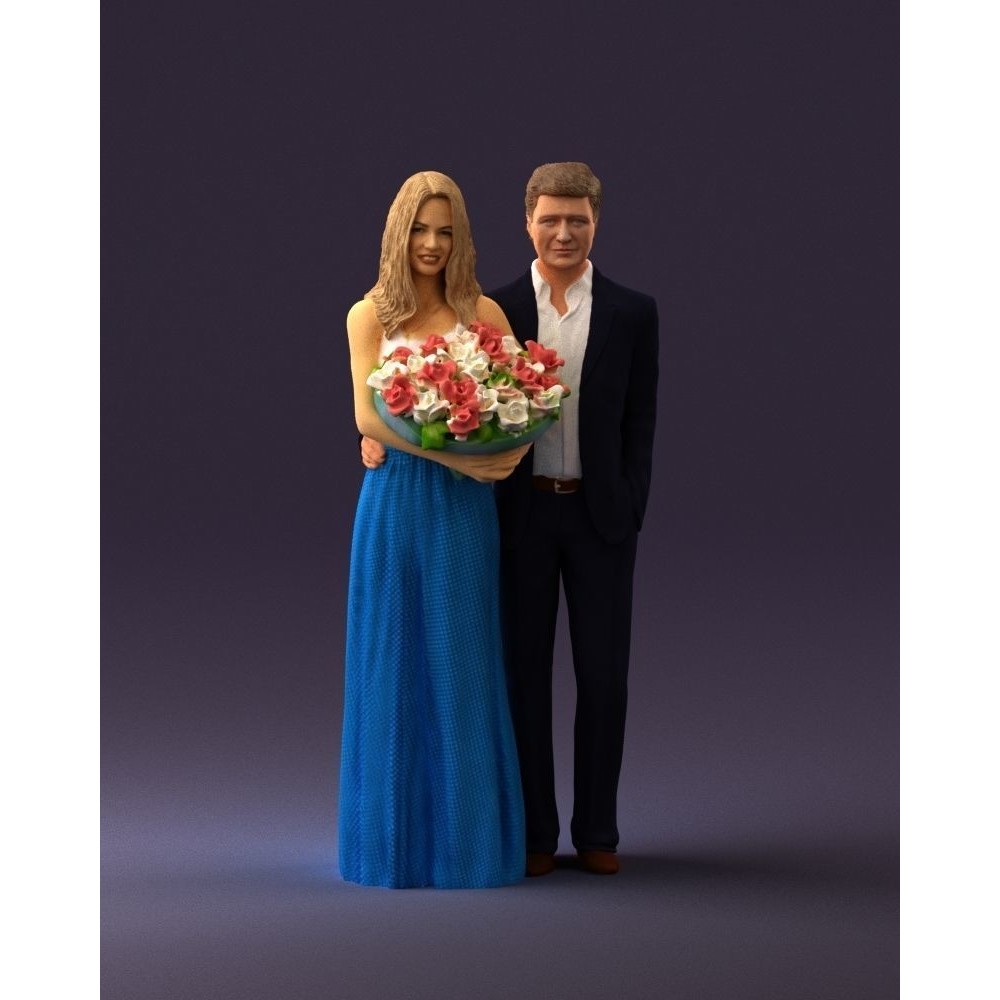 Man and Woman 3D Model – Evening Dresses with Bouquet Flowers, FBX - View 3