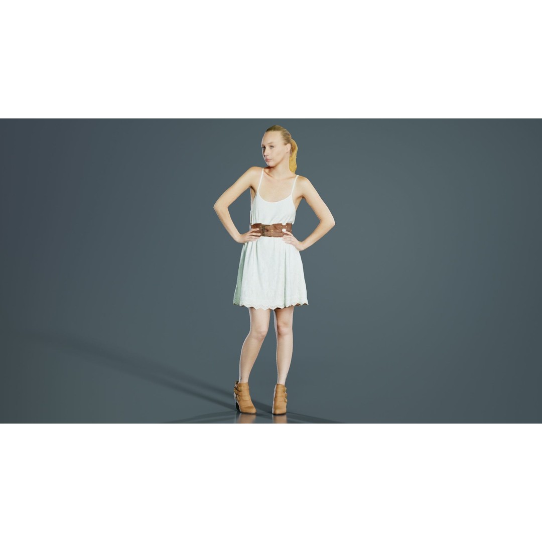 White Dress Woman 3D Model – Low Poly Character, FBX, Blender - View 3