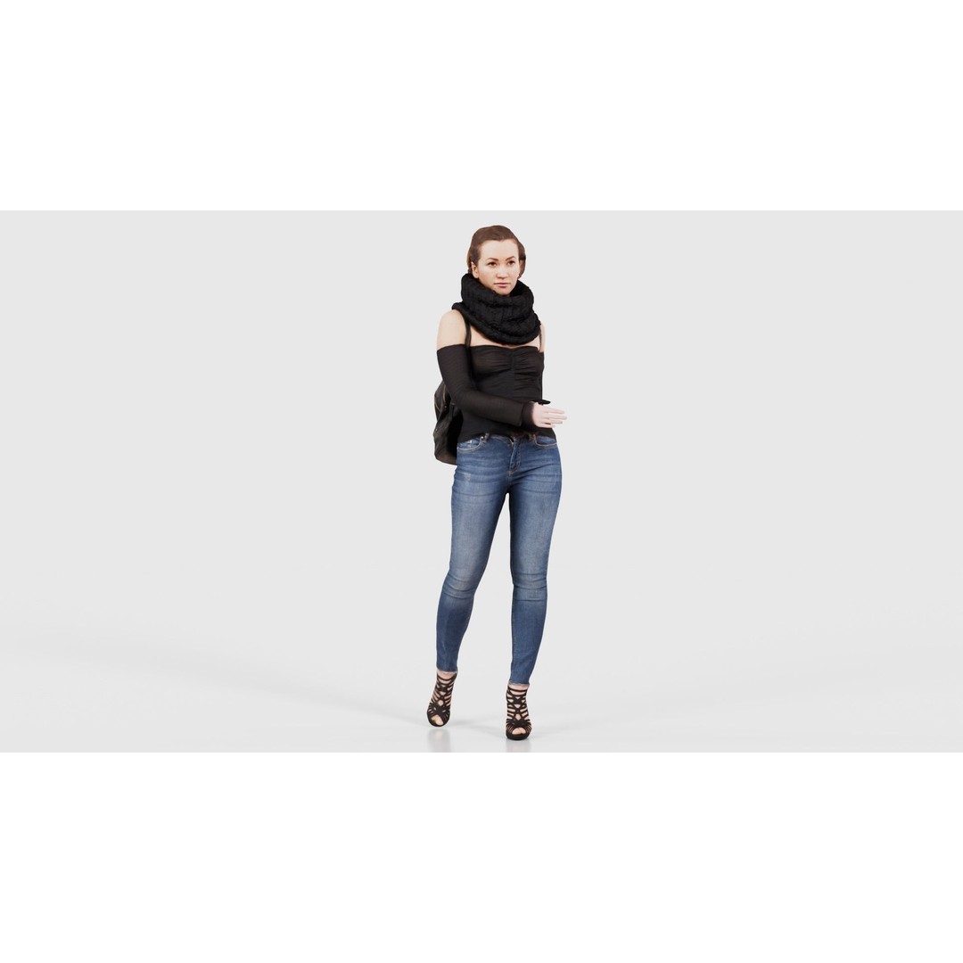 Woman 3D Model – Low Poly Character in Jeans and Scarf, FBX