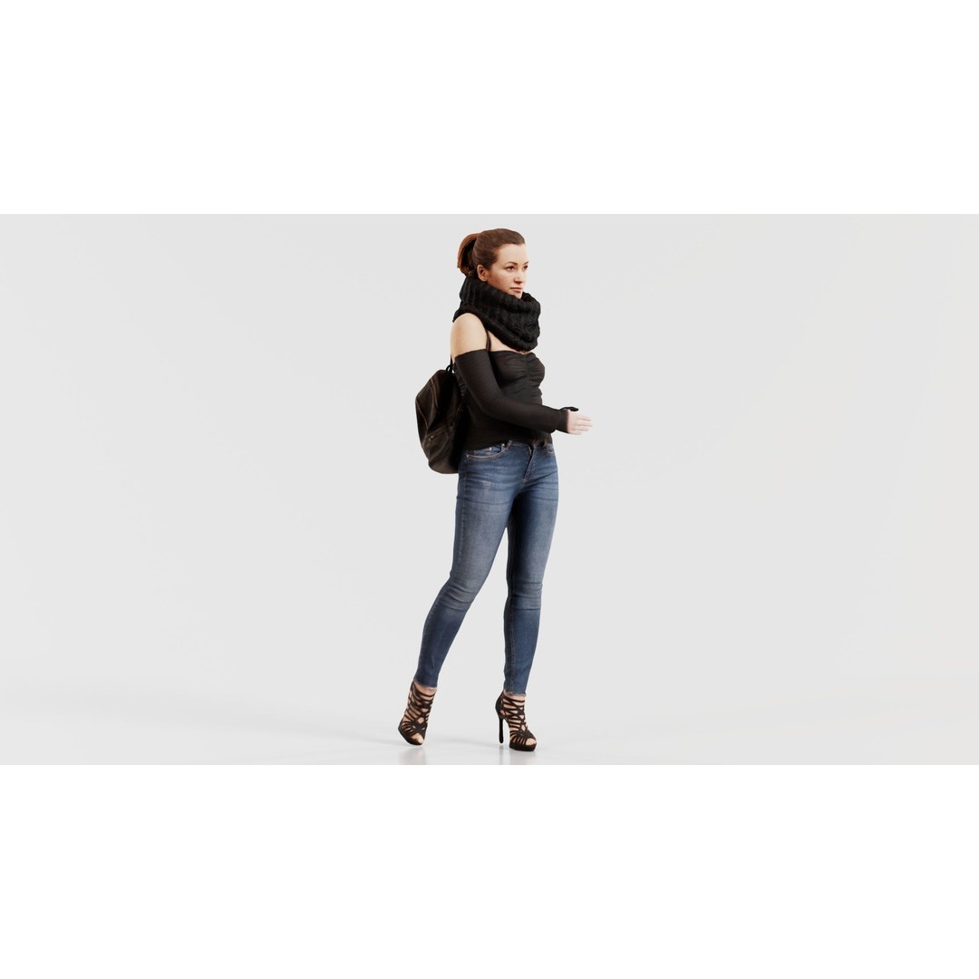 Woman 3D Model – Low Poly Character in Jeans and Scarf, FBX - View 10