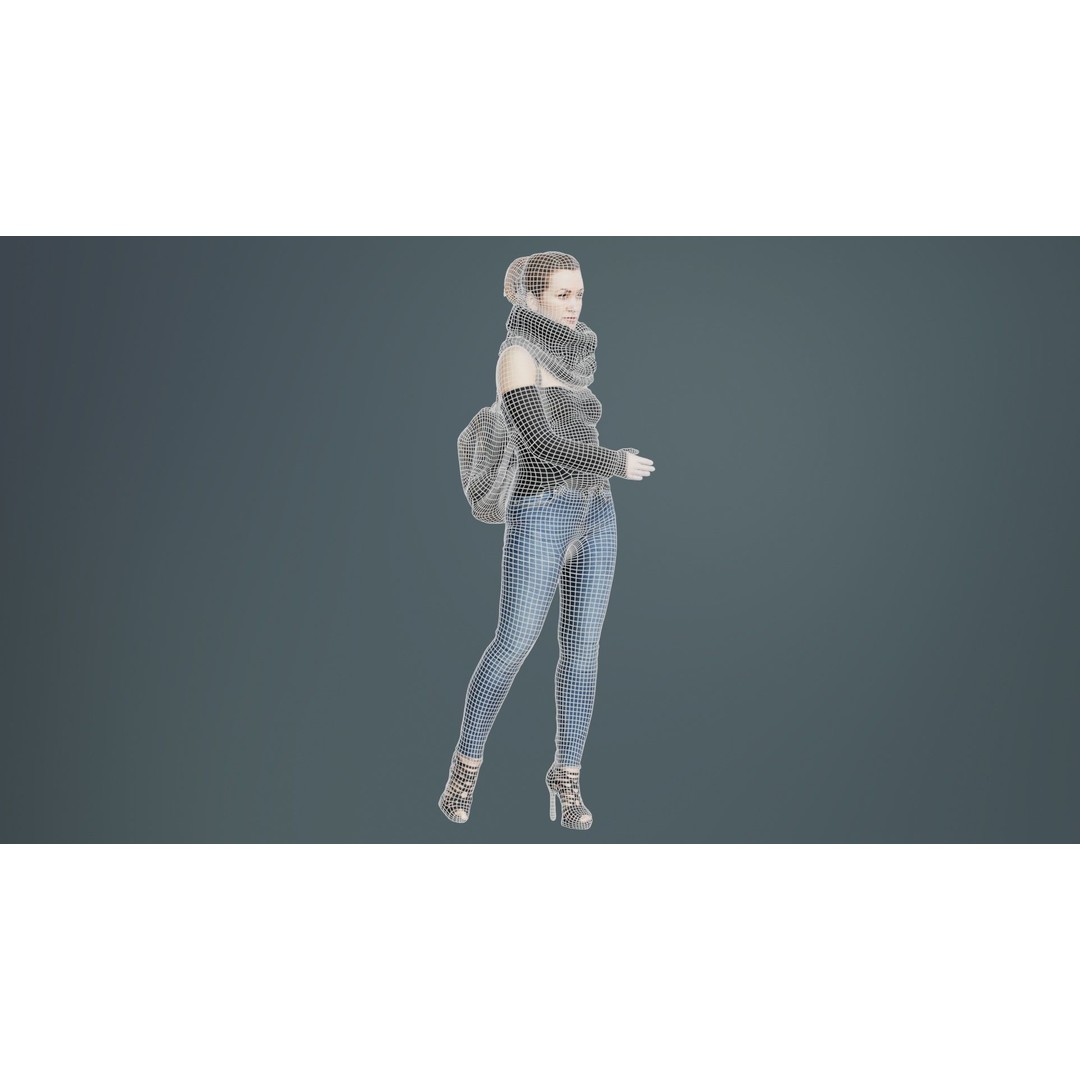 Woman 3D Model – Low Poly Character in Jeans and Scarf, FBX - View 11