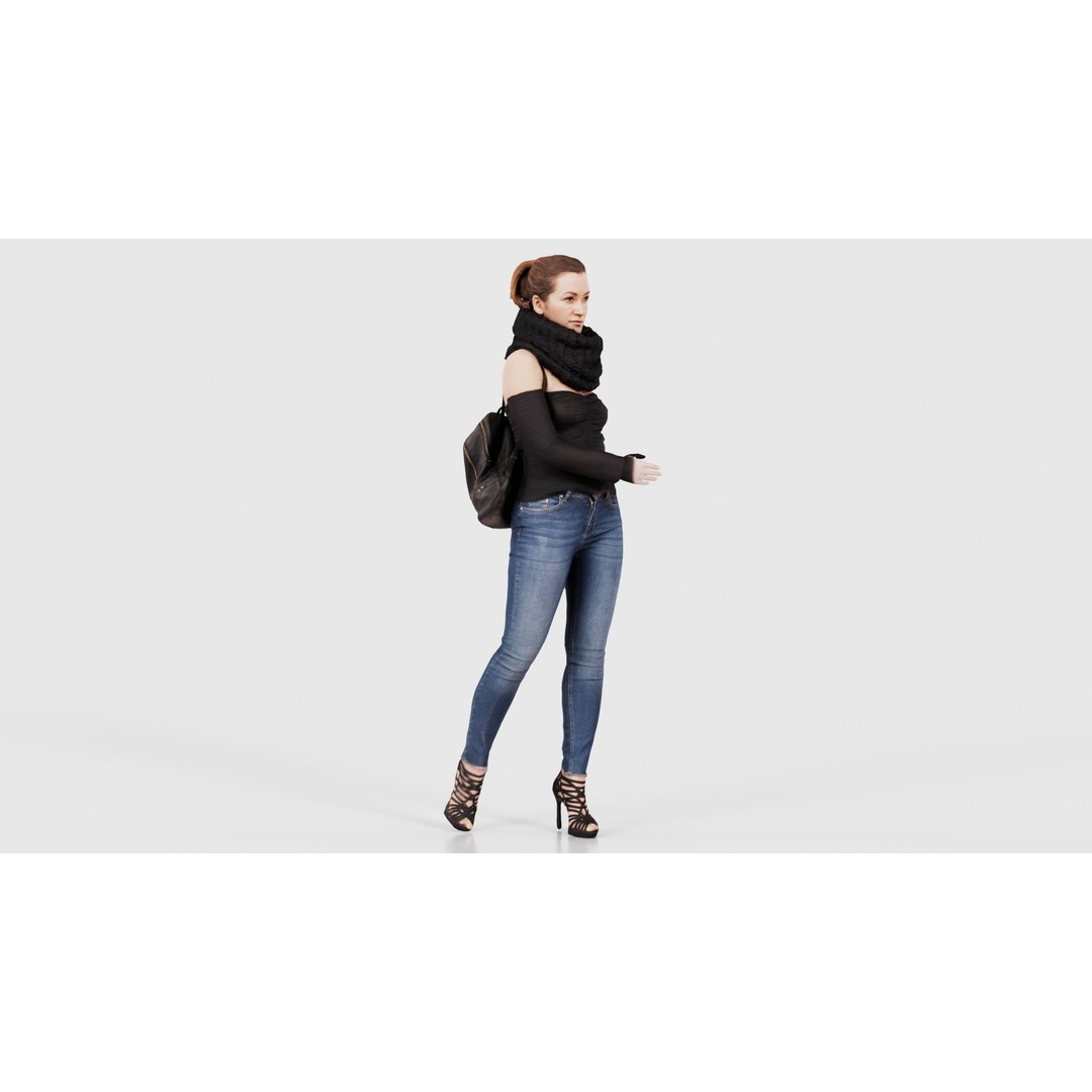 Woman 3D Model – Low Poly Character in Jeans and Scarf, FBX - View 17