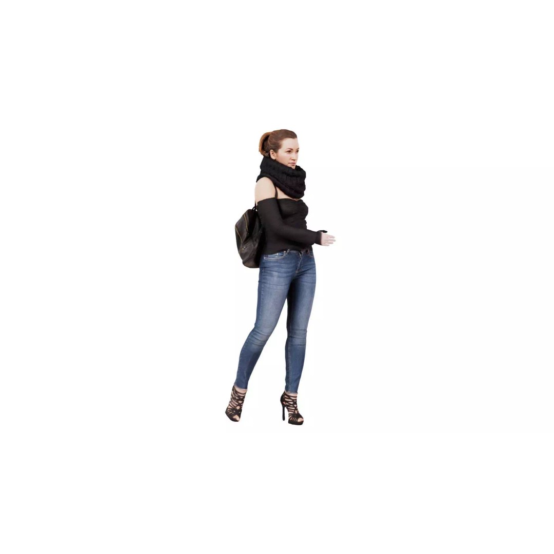 Woman 3D Model – Low Poly Character in Jeans and Scarf, FBX - View 2