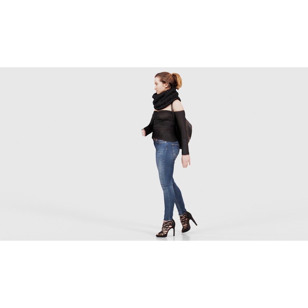 Woman 3D Model – Low Poly Character in Jeans and Scarf, FBX - View 25