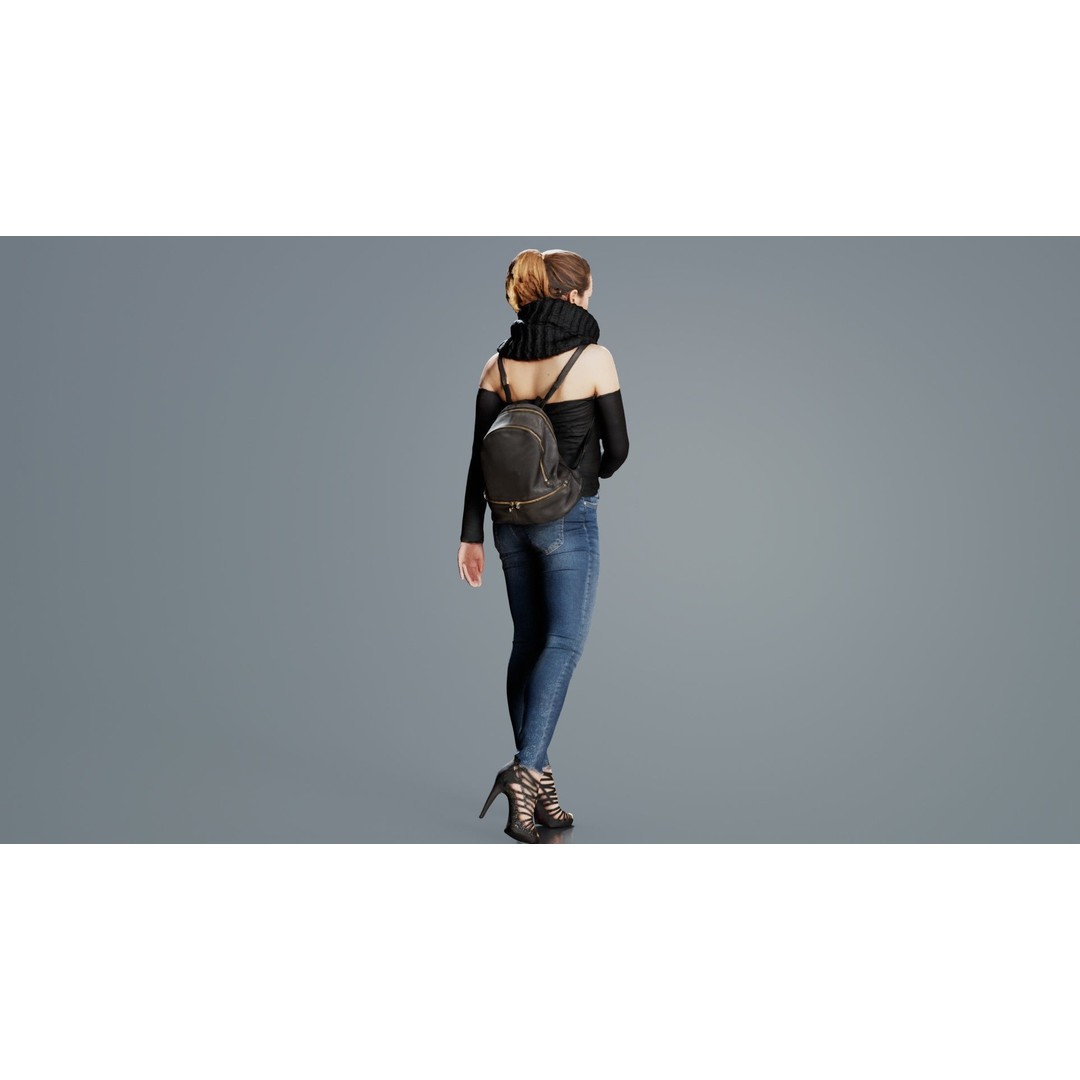 Woman 3D Model – Low Poly Character in Jeans and Scarf, FBX - View 3