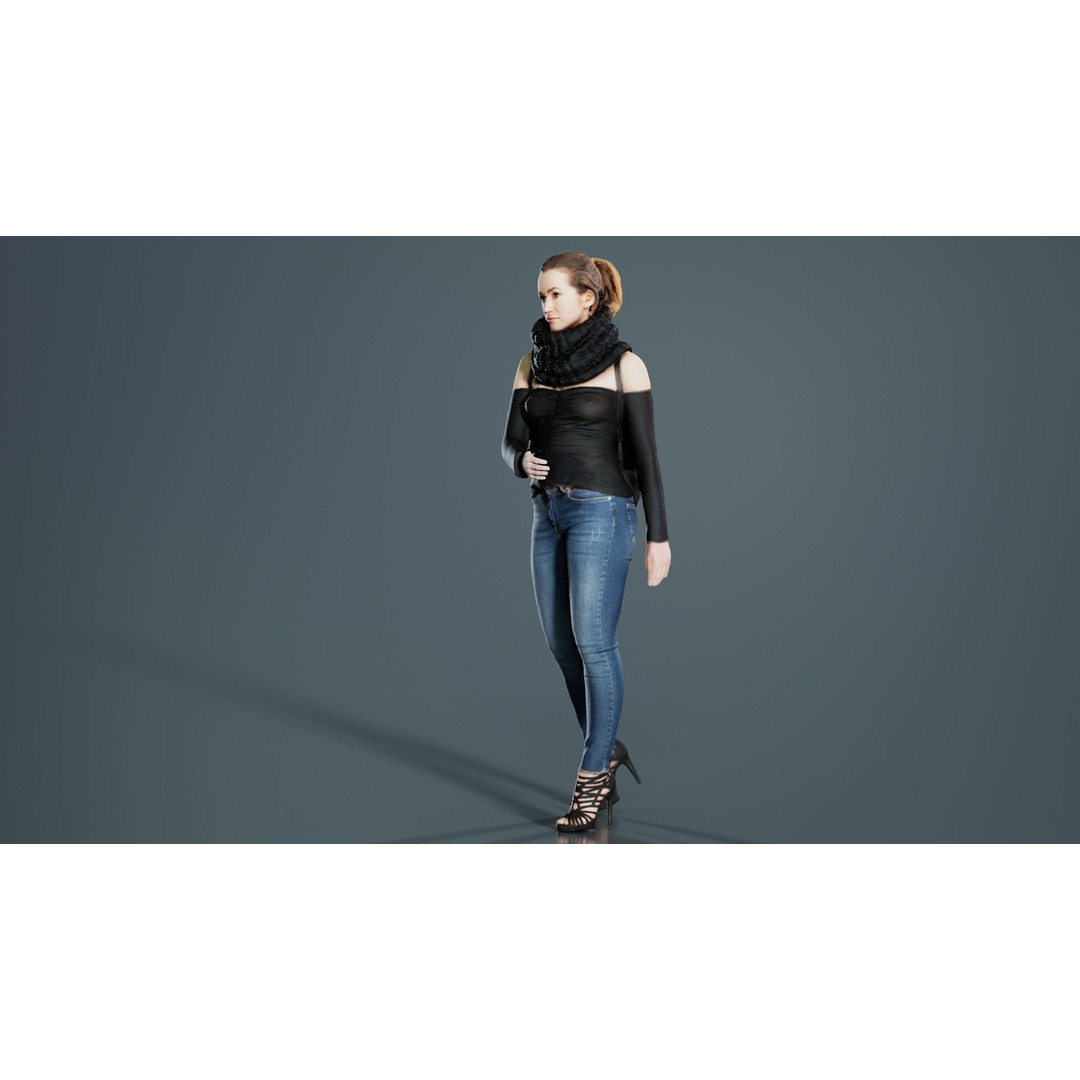 Woman 3D Model – Low Poly Character in Jeans and Scarf, FBX - View 4