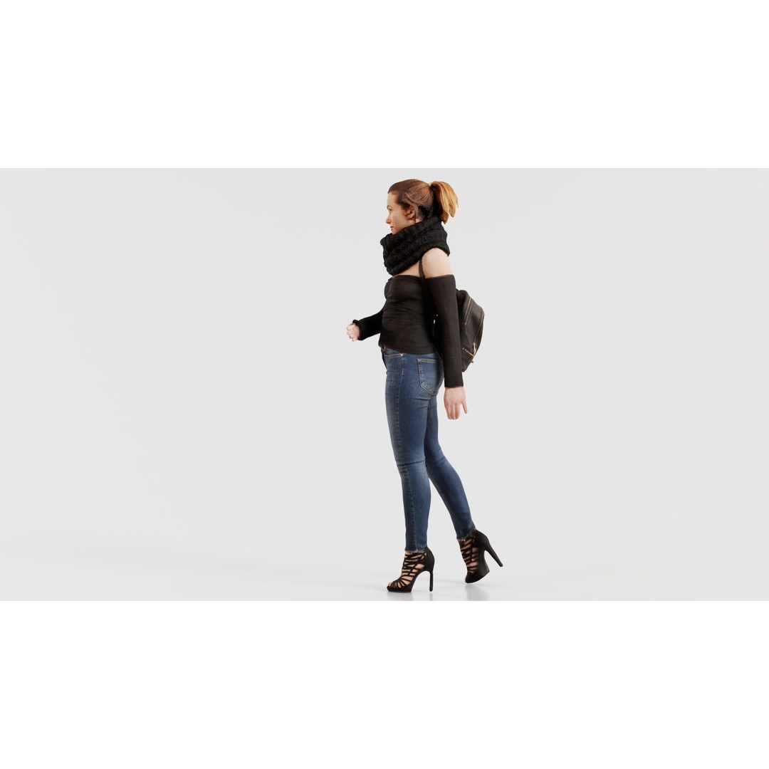 Woman 3D Model – Low Poly Character in Jeans and Scarf, FBX - View 5