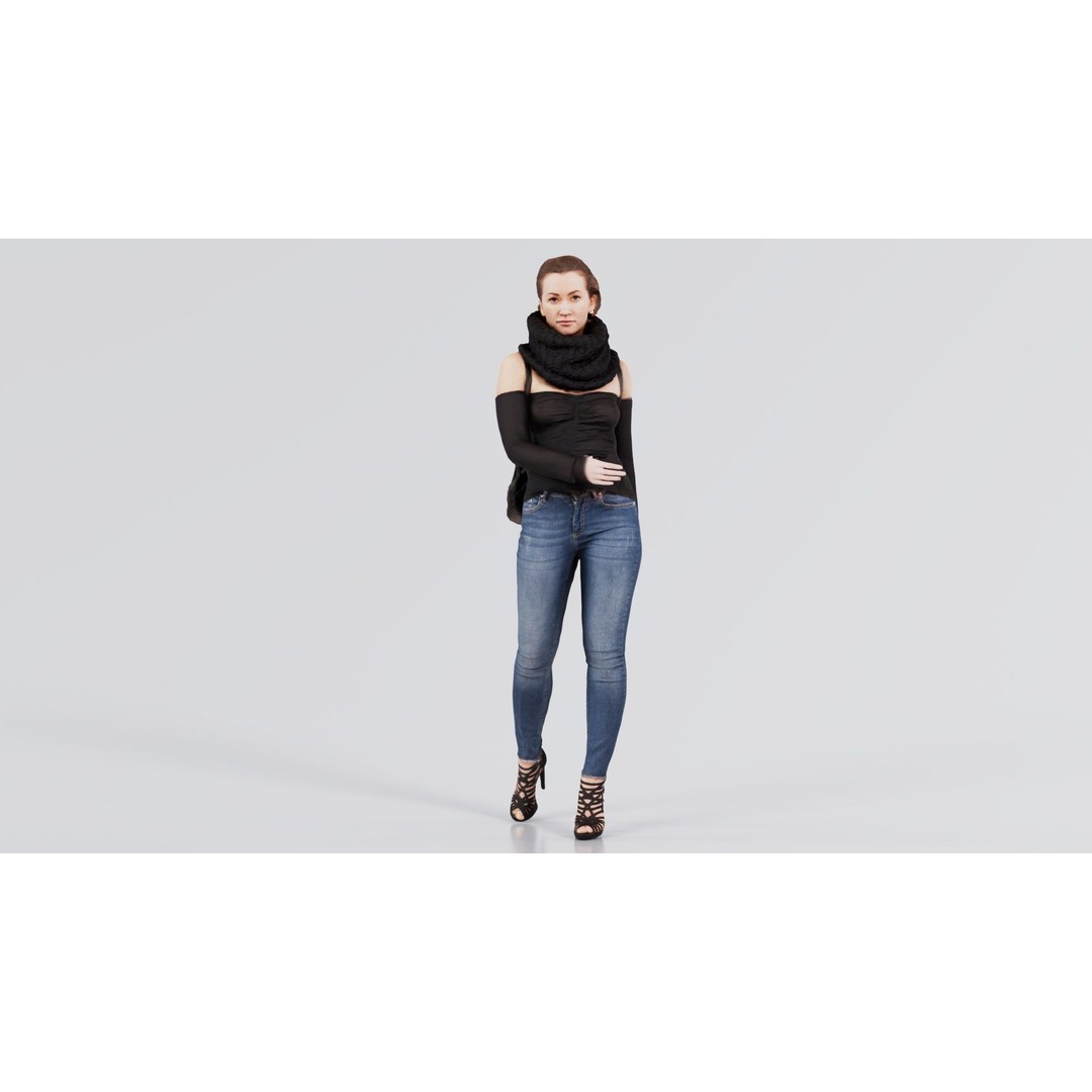 Woman 3D Model – Low Poly Character in Jeans and Scarf, FBX - View 6