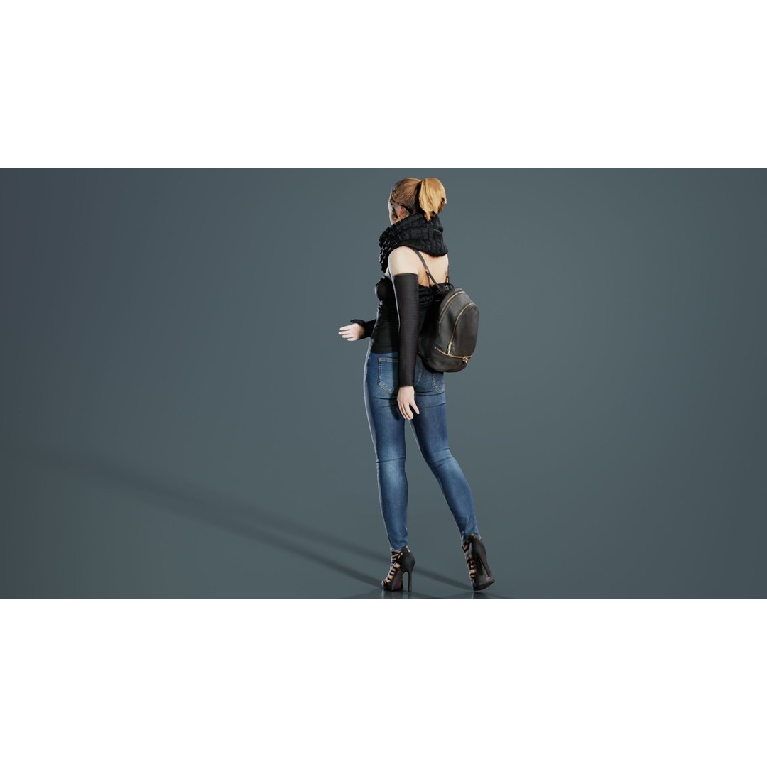 Woman 3D Model – Low Poly Character in Jeans and Scarf, FBX - View 7
