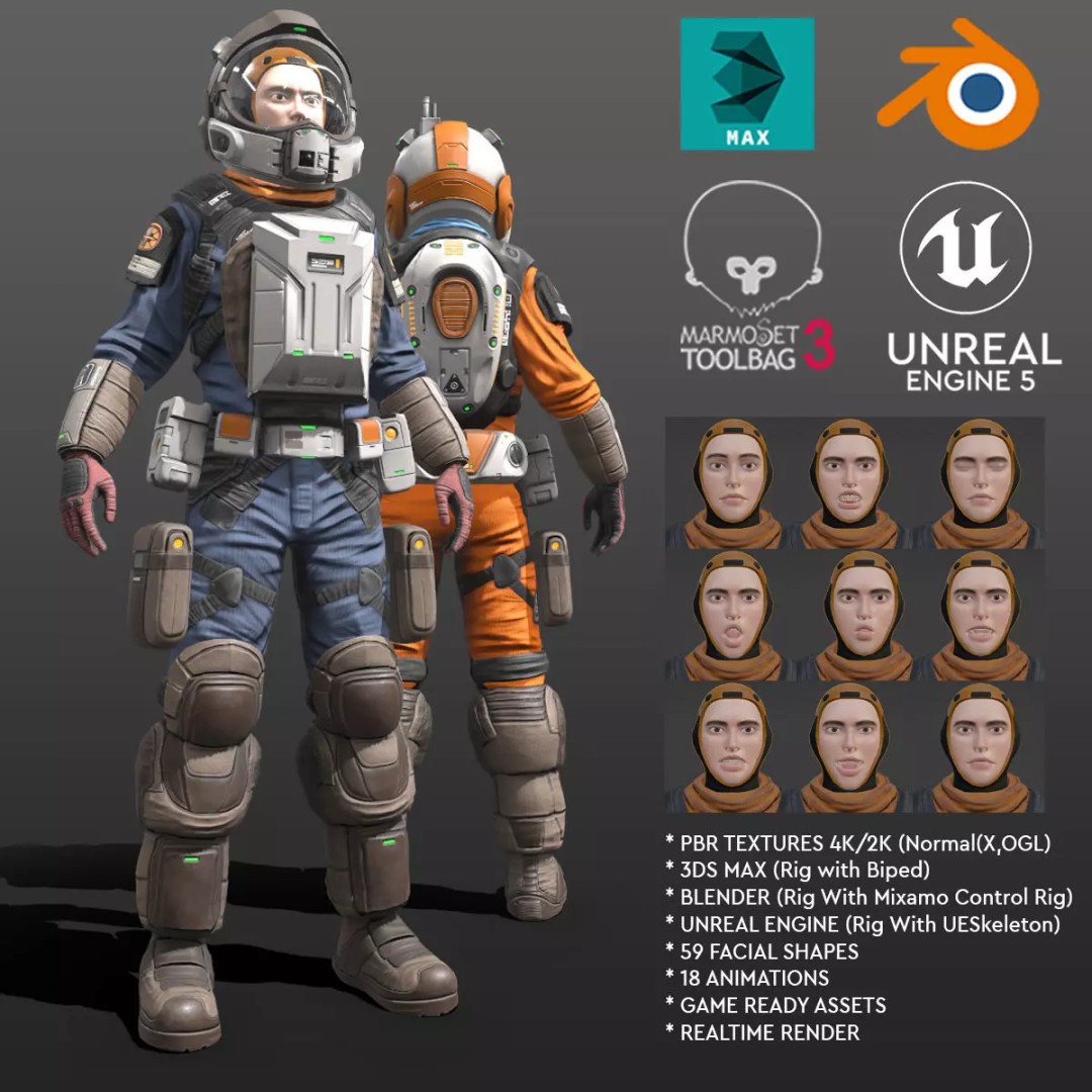 Space Marshal 3D Model – Low Poly Rigged Character, FBX, PBR - View 2